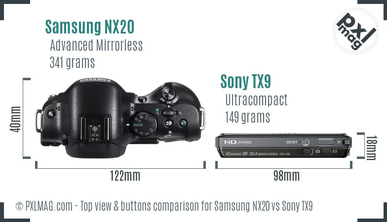 Samsung NX20 vs Sony TX9 top view buttons comparison