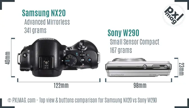 Samsung NX20 vs Sony W290 top view buttons comparison