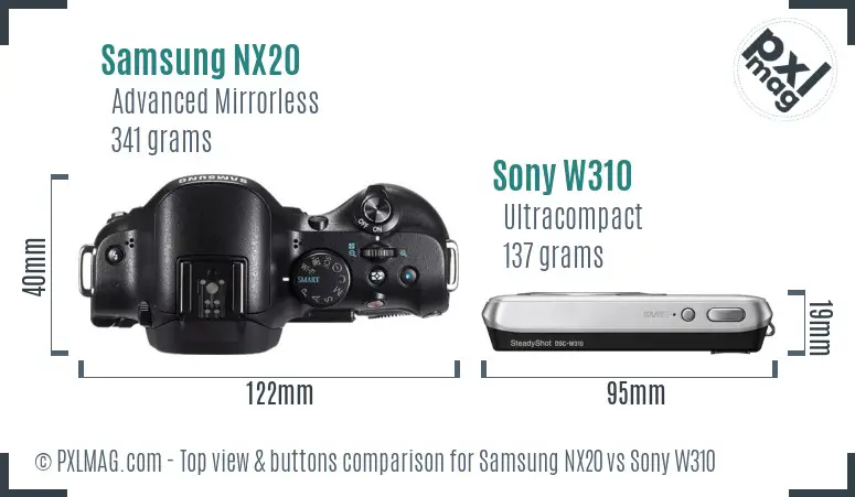 Samsung NX20 vs Sony W310 top view buttons comparison