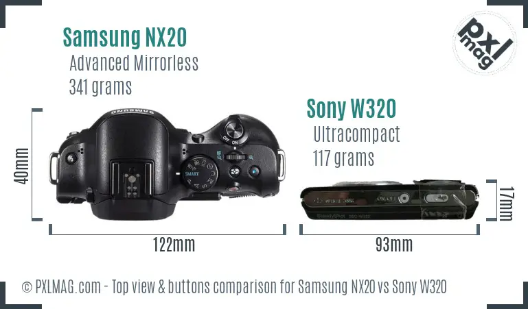Samsung NX20 vs Sony W320 top view buttons comparison