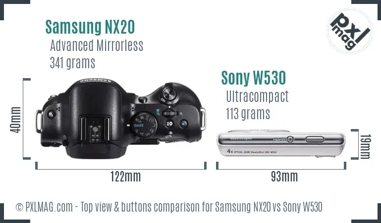 Samsung NX20 vs Sony W530 top view buttons comparison