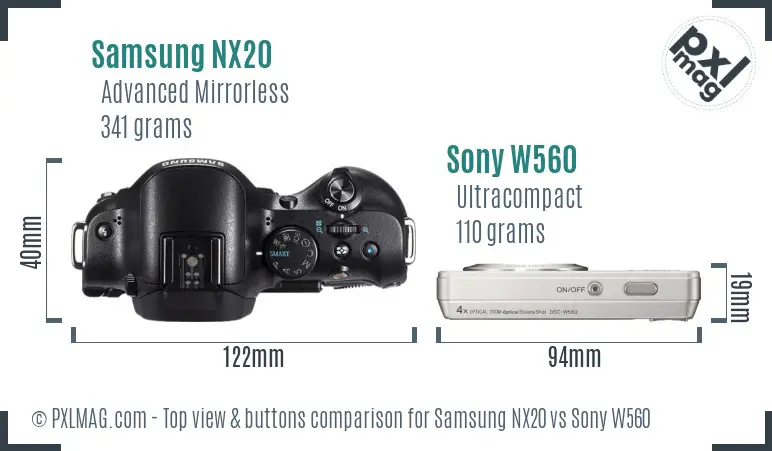 Samsung NX20 vs Sony W560 top view buttons comparison