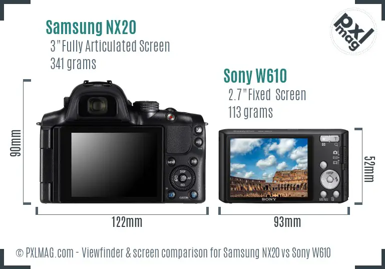 Samsung NX20 vs Sony W610 Screen and Viewfinder comparison