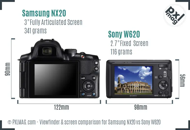 Samsung NX20 vs Sony W620 Screen and Viewfinder comparison