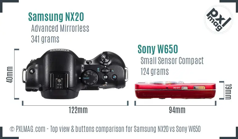 Samsung NX20 vs Sony W650 top view buttons comparison