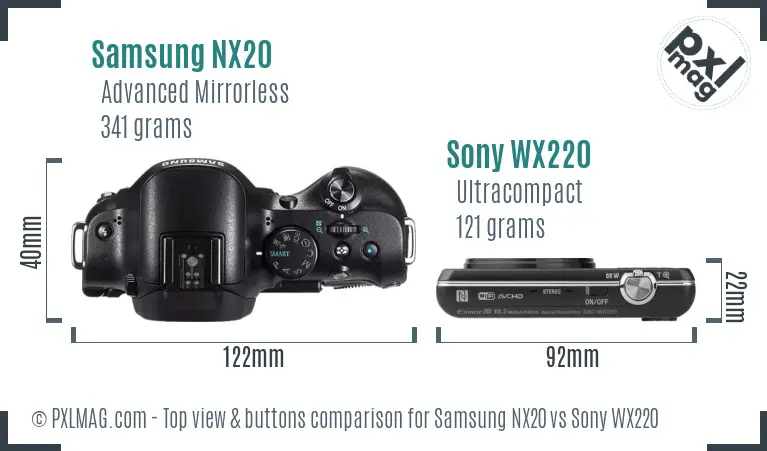 Samsung NX20 vs Sony WX220 top view buttons comparison