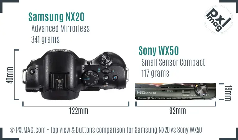 Samsung NX20 vs Sony WX50 top view buttons comparison