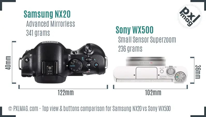 Samsung NX20 vs Sony WX500 top view buttons comparison