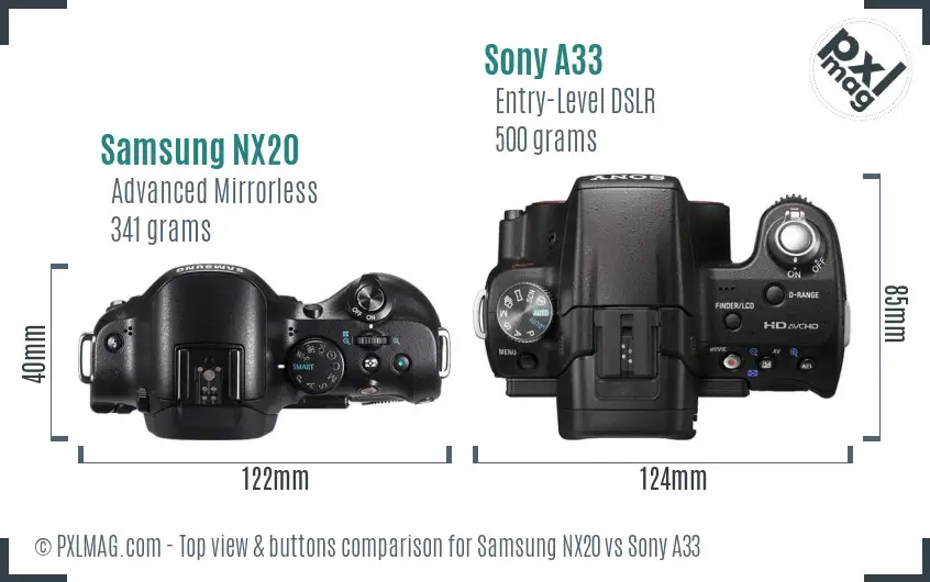 Samsung NX20 vs Sony A33 top view buttons comparison