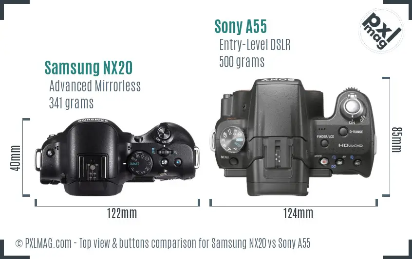 Samsung NX20 vs Sony A55 top view buttons comparison