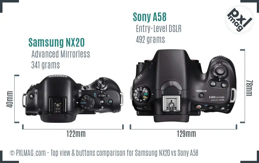 Samsung NX20 vs Sony A58 top view buttons comparison