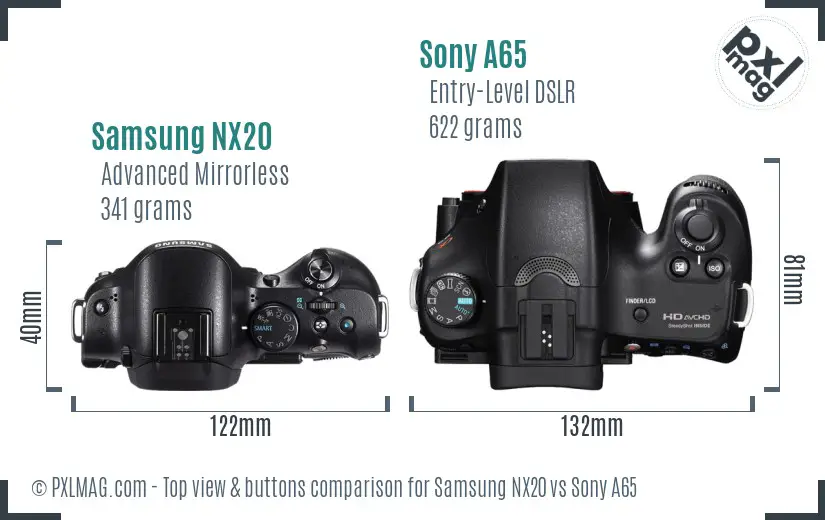 Samsung NX20 vs Sony A65 top view buttons comparison