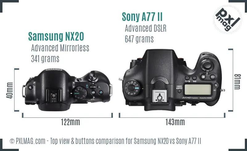 Samsung NX20 vs Sony A77 II top view buttons comparison