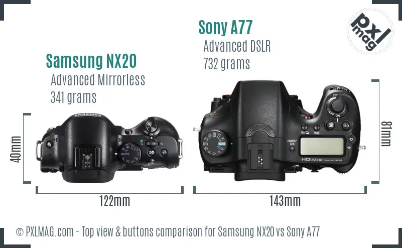 Samsung NX20 vs Sony A77 top view buttons comparison