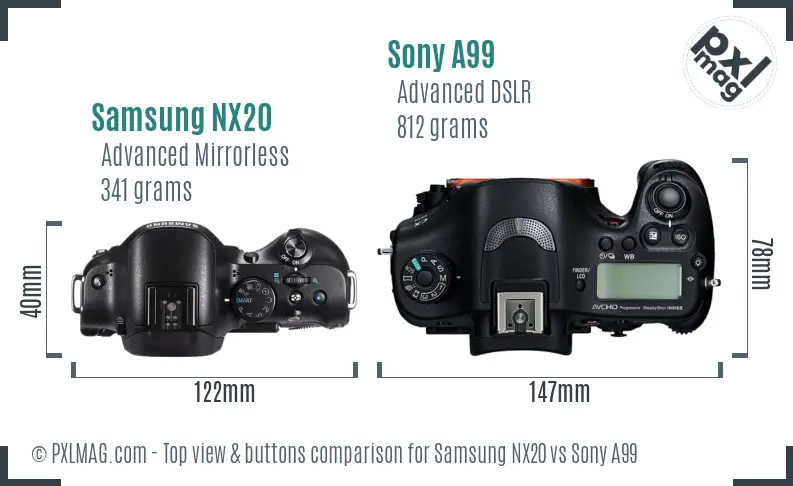 Samsung NX20 vs Sony A99 top view buttons comparison