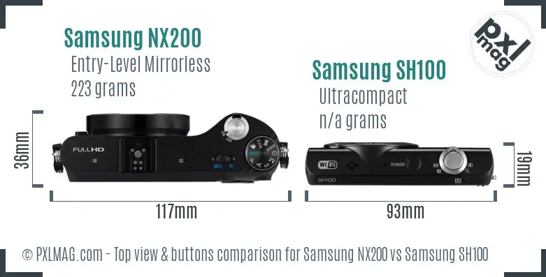 Samsung NX200 vs Samsung SH100 top view buttons comparison Samsung NX200 vs Samsung SH100 top view buttons comparison