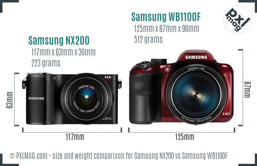 Samsung NX200 vs Samsung WB1100F size comparison