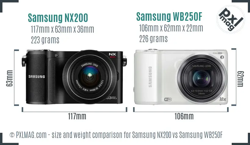 Samsung NX200 vs Samsung WB250F size comparison