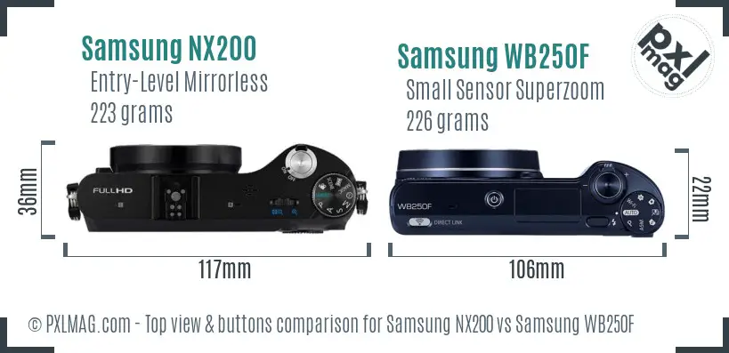 Samsung NX200 vs Samsung WB250F top view buttons comparison