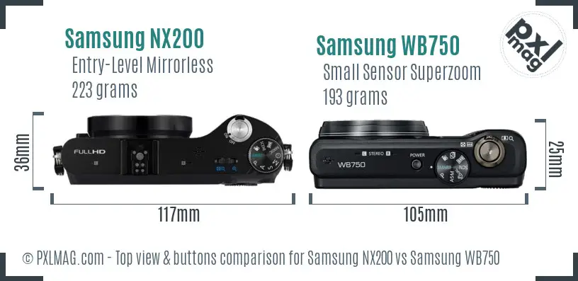 Samsung NX200 vs Samsung WB750 top view buttons comparison