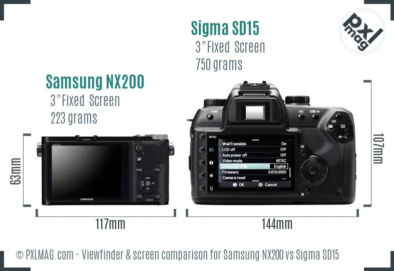 Samsung NX200 vs Sigma SD15 Screen and Viewfinder comparison