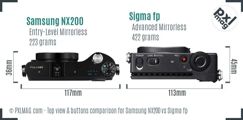 Samsung NX200 vs Sigma fp top view buttons comparison
