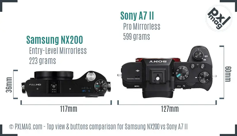 Samsung NX200 vs Sony A7 II top view buttons comparison