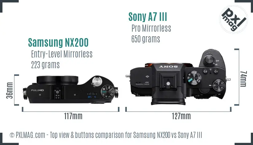 Samsung NX200 vs Sony A7 III top view buttons comparison