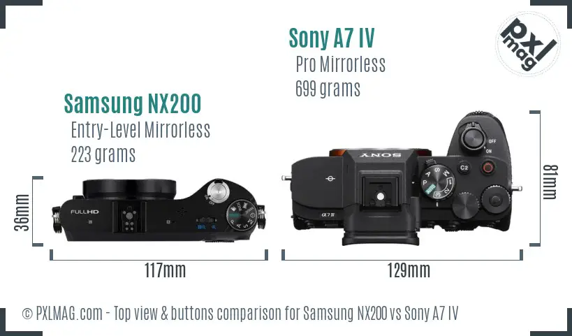 Samsung NX200 vs Sony A7 IV top view buttons comparison Samsung NX200 vs Sony A7 IV top view buttons comparison
