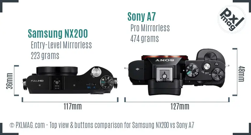 Samsung NX200 vs Sony A7 top view buttons comparison