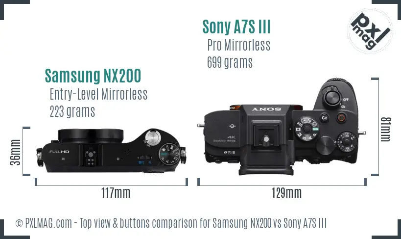 Samsung NX200 vs Sony A7S III top view buttons comparison