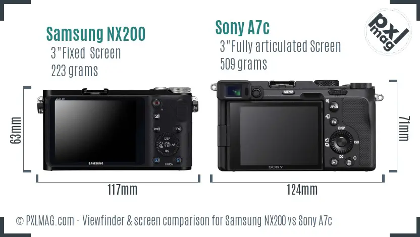 Samsung NX200 vs Sony A7c Screen and Viewfinder comparison