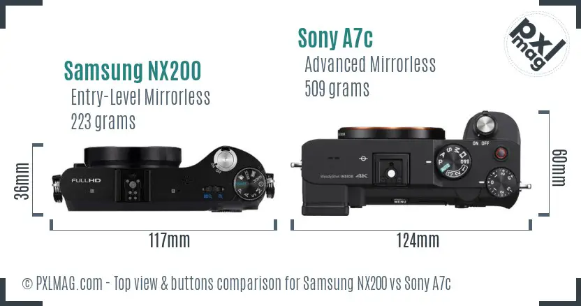 Samsung NX200 vs Sony A7c top view buttons comparison