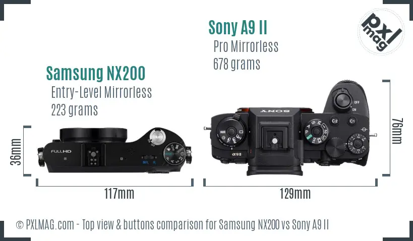 Samsung NX200 vs Sony A9 II top view buttons comparison