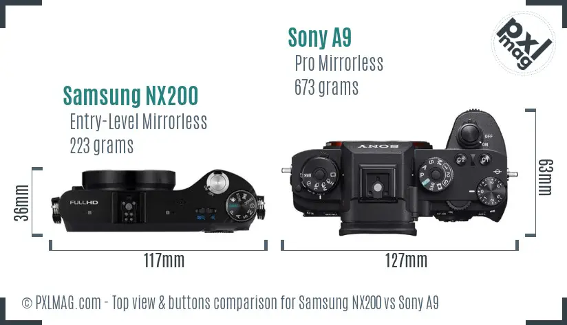 Samsung NX200 vs Sony A9 top view buttons comparison