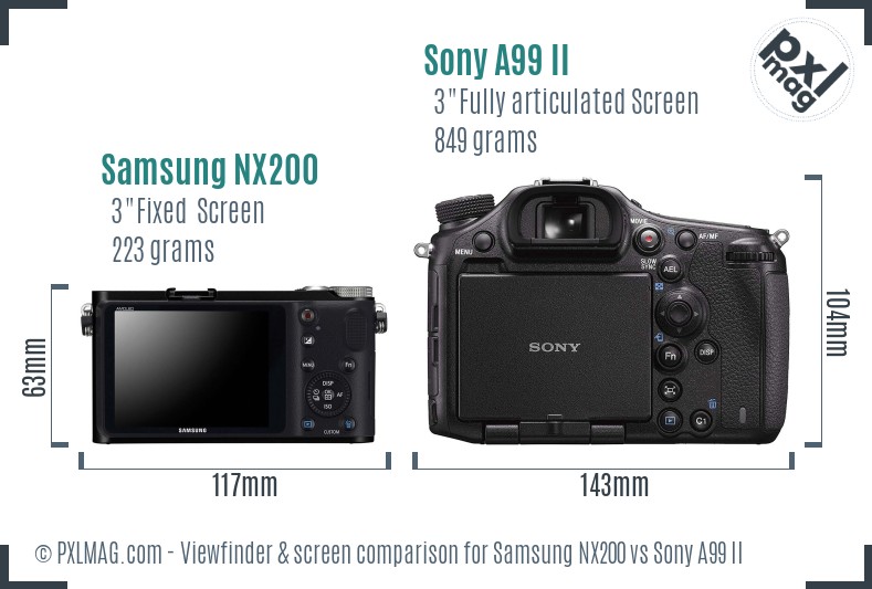 Samsung NX200 vs Sony A99 II Screen and Viewfinder comparison