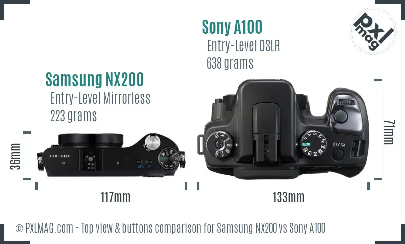 Samsung NX200 vs Sony A100 top view buttons comparison