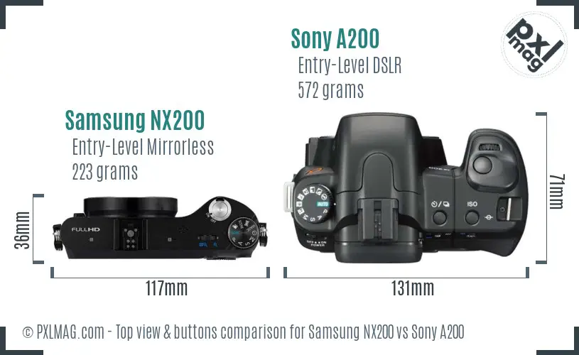 Samsung NX200 vs Sony A200 top view buttons comparison