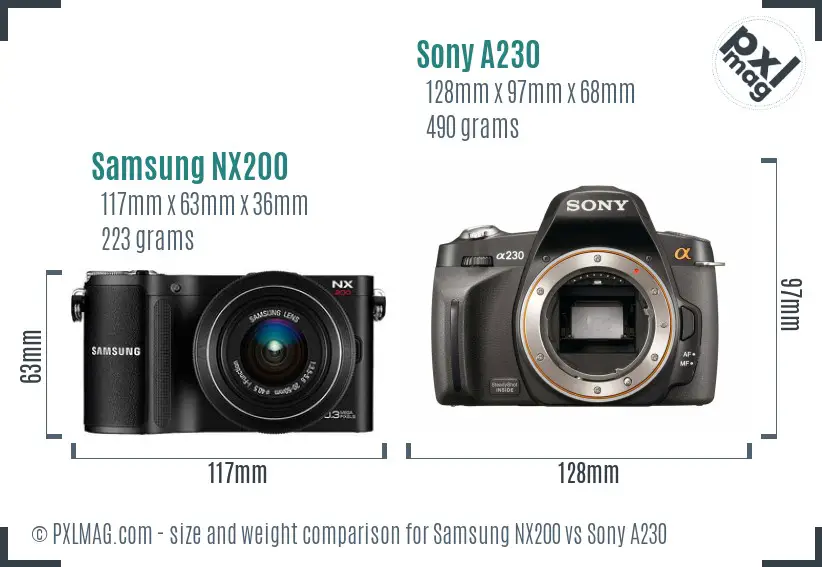 Samsung NX200 vs Sony A230 size comparison