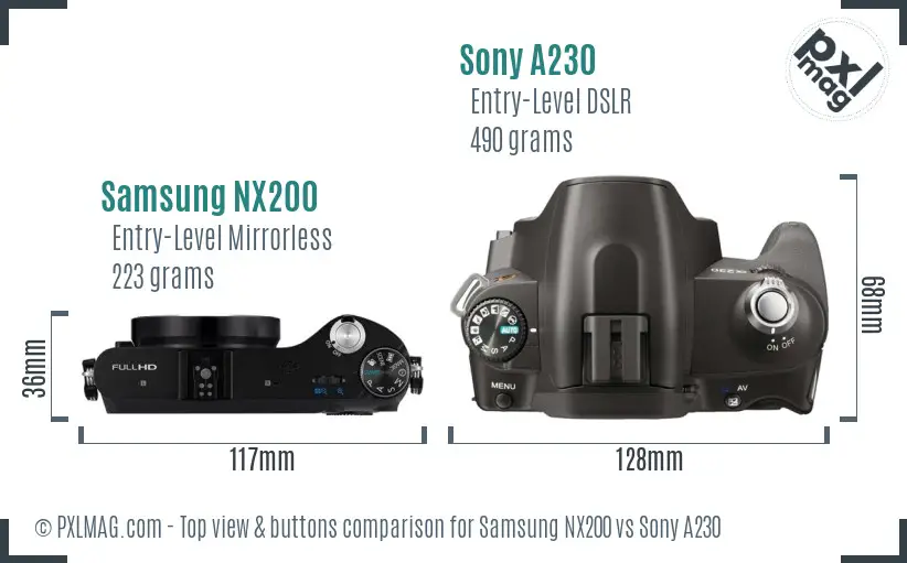 Samsung NX200 vs Sony A230 top view buttons comparison