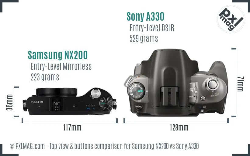Samsung NX200 vs Sony A330 top view buttons comparison