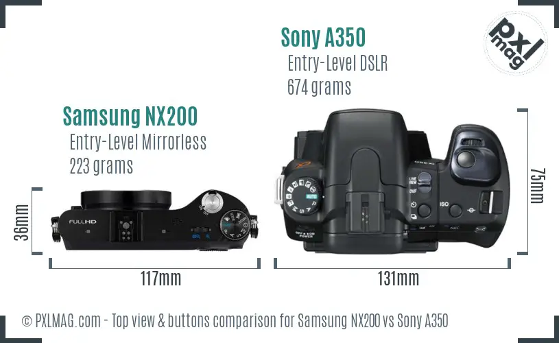 Samsung NX200 vs Sony A350 top view buttons comparison Samsung NX200 vs Sony A350 top view buttons comparison
