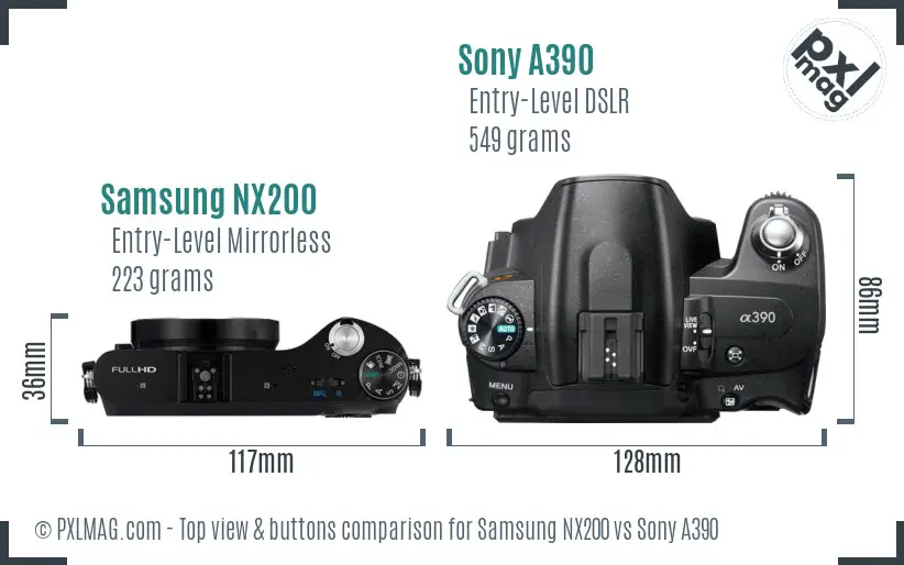 Samsung NX200 vs Sony A390 top view buttons comparison
