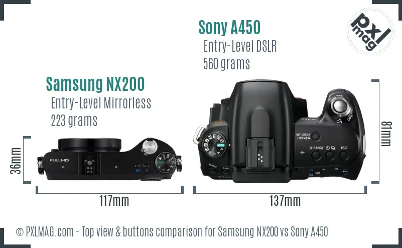 Samsung NX200 vs Sony A450 top view buttons comparison