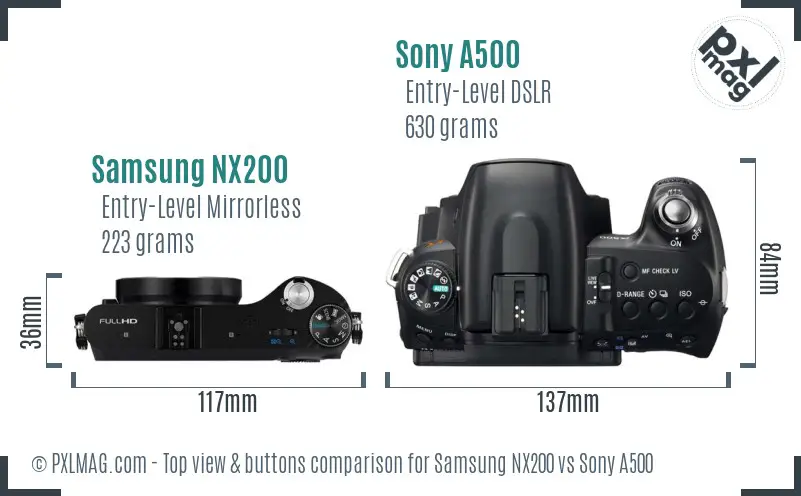 Samsung NX200 vs Sony A500 top view buttons comparison