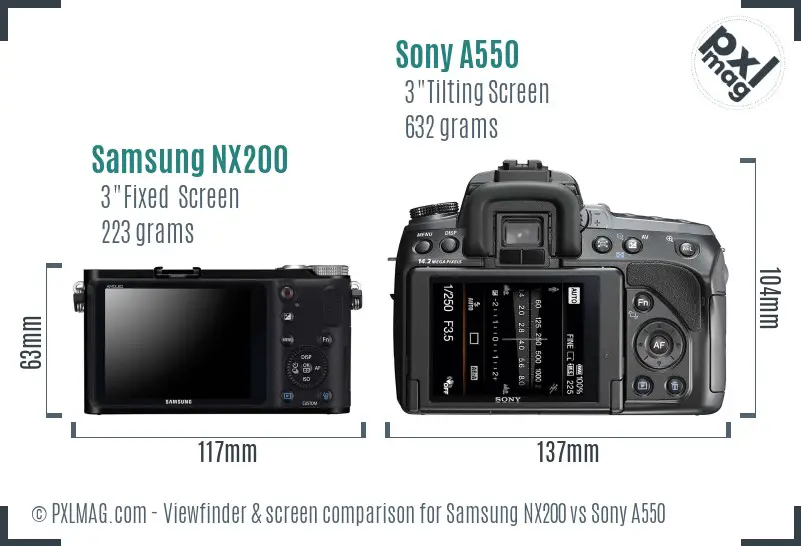 Samsung NX200 vs Sony A550 Screen and Viewfinder comparison