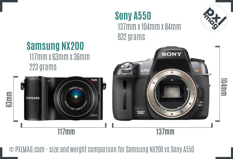 Samsung NX200 vs Sony A550 size comparison