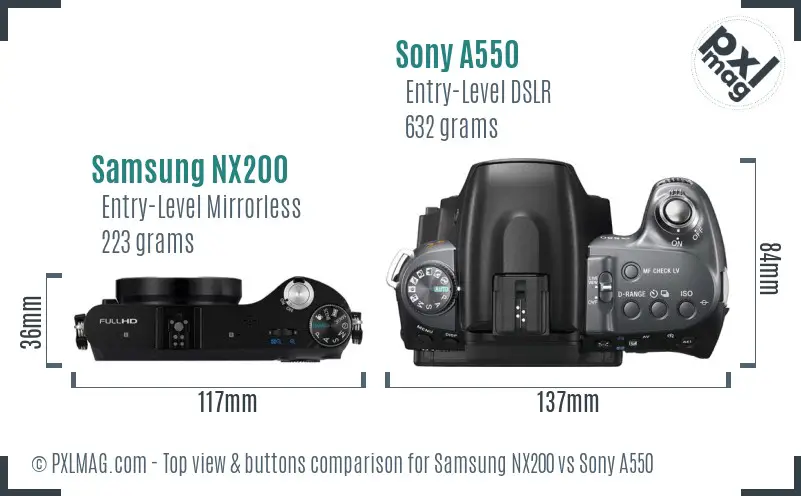 Samsung NX200 vs Sony A550 top view buttons comparison