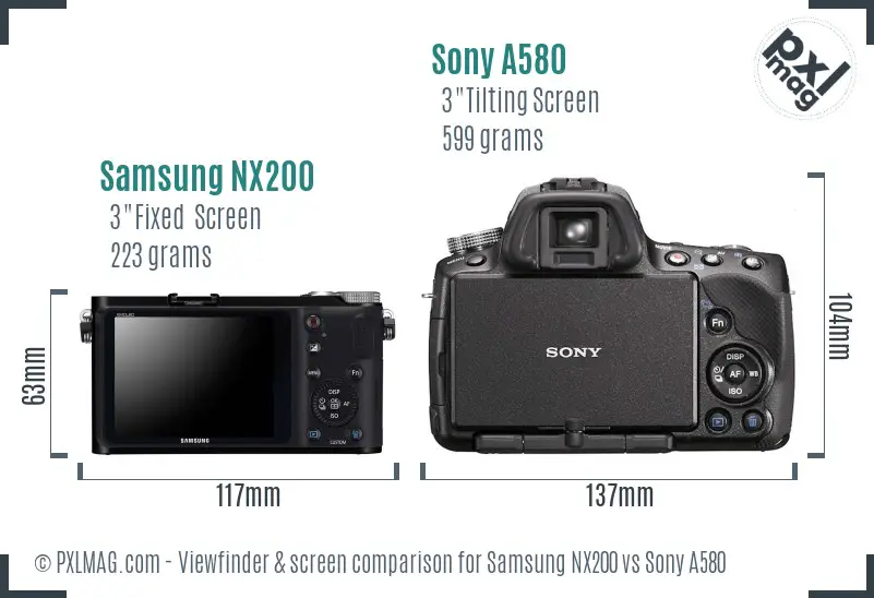 Samsung NX200 vs Sony A580 Screen and Viewfinder comparison
