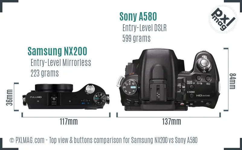 Samsung NX200 vs Sony A580 top view buttons comparison